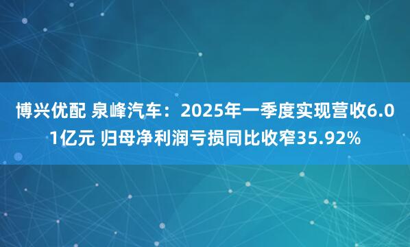 博兴优配 泉峰汽车：2025年一季度实现营收6.01亿元 归母净利润亏损同比收窄35.92%